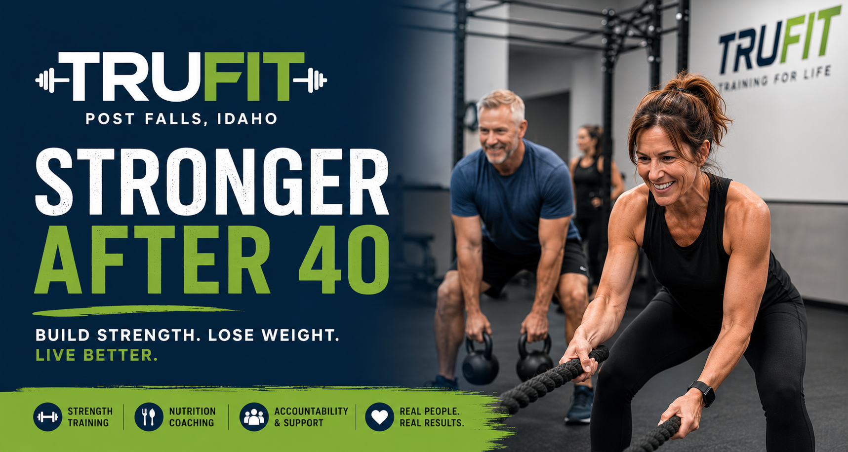 Looking for a gym or personal training in Post Falls, Idaho? TruFit helps adults over 40 lose weight, build strength, improve mobility, and stay accountable with small-group training and nutrition coaching.
